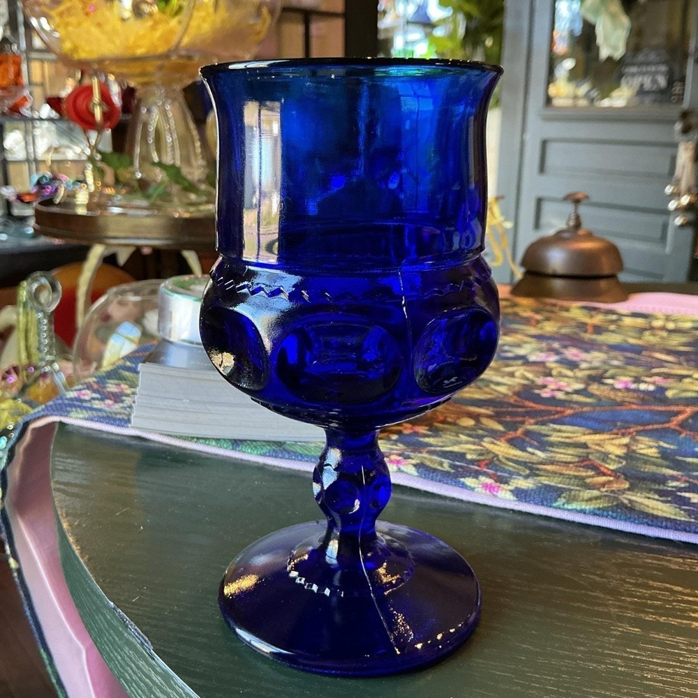 VTG Kings Crown Tiara Thumbprint Cobalt Blue Glass Goblet 5 1/2" Tall